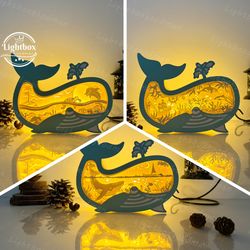 pack 3 ocean whale box shadow box svg, whale box svg, whale box lantern svg, cricut files, cutting lamp 3d shadow box