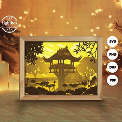 one pillar pagoda shadow box files, paper cut light box template files, shadow box paper cut, 3d papercut light box svg