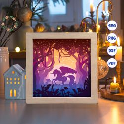 unicorn in the forest paper cut light box template, 3d shadow box svg files, shadow box paper cut, light box svg, 3d pap