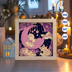 baby on the moon paper cut light box template, 3d shadow box svg files, shadow box paper cut, light box svg, 3d papercut