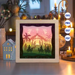 holy night paper cut light box template, 3d shadow box svg files, shadow box paper cut, light box svg, 3d papercut light