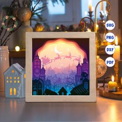 christmas town paper cut light box template, 3d shadow box svg files, shadow box paper cut, light box svg, 3d papercut l