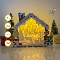 deer gingerbread house box lantern svg for cricut project diy, gingerbread house box lamp for christmas decor, christmas