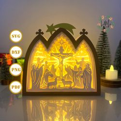 jesus 2 nativity house box lantern svg for cricut project diy, nativity house box lamp for christmas decor, christmas sh