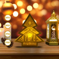 christmas nativity 1 tree box christmas lantern svg for cricut projects diy, tree box lamp for christmas decor, christma