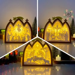 pack 3 nativity house box lantern svg for cricut project diy, nativity house box lamp for christmas decor, christmas sha