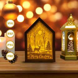 merry christmas 2 house box christmas lantern lantern svg for cricut projects diy, house box lamp for christmas decor, c