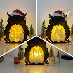 pack 3 christmas 5 owl box lantern svg for cricut projects diy, christmas owl box lamp for christmas decor, christmas sh
