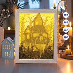 halloween house paper cut light box template, 3d shadow box svg files, shadow box paper cut, light box svg, 3d papercut