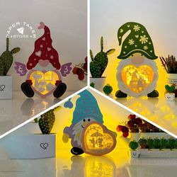 pack 3 gnome love box svg for cricut projects, 3d papercut light box sliceform, diy gnome love box night light