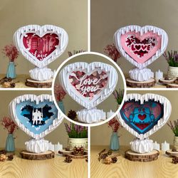 pack 5 valentine pop-up template, heart pop-up svg for cricut projects, 3d papercut light box sliceform, diy heart night