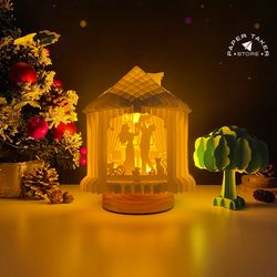 family pop-up template, house pop-up svg for cricut projects, 3d papercut light box sliceform, diy house night light