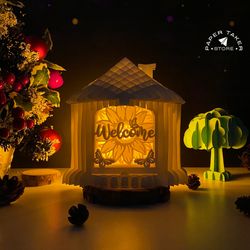 welcome pop-up template, house pop-up svg for cricut projects, 3d papercut light box sliceform, diy house night light