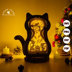 cat witch pop-up template, cat pop-up svg for cricut projects, 3d papercut light box sliceform, diy cat night light