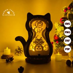 cat pumpkin pop-up template, cat pop-up svg for cricut projects, 3d papercut light box sliceform, diy cat night light