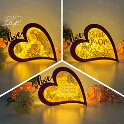 pack 3 mother's day paper cut love box template, 3d lantern paper cut lightbox svg diy, cutting cricut, shadow box paper