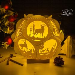 deer paper cut pentagon lantern light box template, 3d lantern paper cut lightbox svg file diy, cutting cricut, shadow b