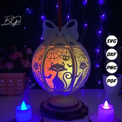 cat paper cut globe lantern light box template, 3d lantern paper cut lightbox svg file diy, cutting cricut, svg template