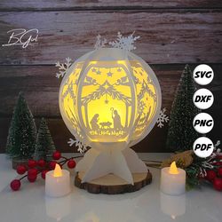 nativity paper cut snowball lantern lightbox template, 3d lantern paper cut lightbox svg file diy, cutting cricut, svg t