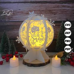 let it snow paper cut snowball lantern lightbox template, 3d lantern paper cut lightbox svg file diy, cutting cricut, sv