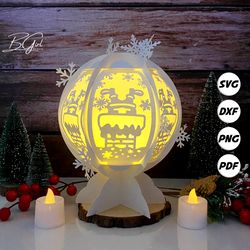 santa claus paper cut snowball lantern lightbox template, 3d lantern paper cut lightbox svg diy, cutting cricut, svg tem