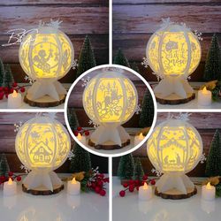 pack 5 christmas 1 paper cut snowball lantern lightbox template, 3d lantern paper cut lightbox svg diy, cutting cricut,