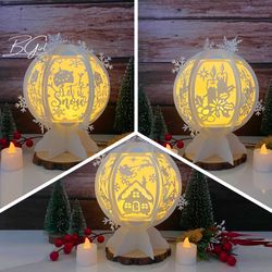 pack 3 christmas 1 paper cut snowball lantern lightbox template, 3d lantern paper cut lightbox svg diy, cutting cricut,