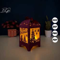 christmas 4 paper cut lantern light box template, svg template cricut, cutting cricut, 3d lantern paper cut lightbox svg