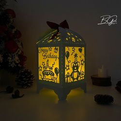 happy birthday paper cut lantern light box template, svg template cricut, cutting cricut, 3d lantern paper cut lightbox