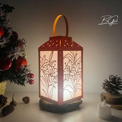 lily paper cut lantern light box template, cutting cricut, 3d lantern paper cut lightbox svg file diy, shadow box paper