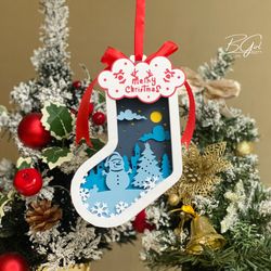 christmas 4 paper cut sock lantern light box template, 3d lantern paper cut lightbox svg diy, cutting cricut, shadow box