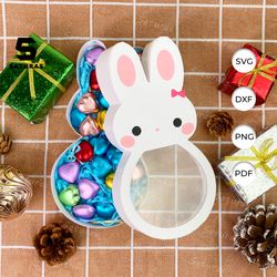 white easter bunny candy box paper cut light box template, sillhouette, 3d papercut lightbox svg file diy, cutting cricu