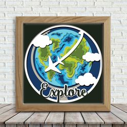 globe explore paper cut light box template, sillhouette, 3d papercut lightbox svg file diy, cutting cricut, svg template