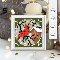 cardinal bird paper cut light box template, sillhouette, 3d papercut lightbox svg file diy, cutting cricut, svg template