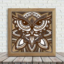 mandala owl paper cut light box template, sillhouette, 3d papercut lightbox svg file diy, cutting cricut, svg template c