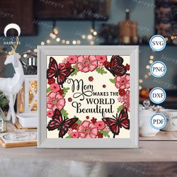 mom makes the world are beautiful shadow box svg, mom paper cut light box, shadow box template for cicut diy, 3d light b