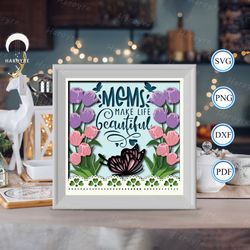 mother day quote tulip flower shadow box svg, mother paper cut light box, shadow box template for cicut diy, 3d light bo