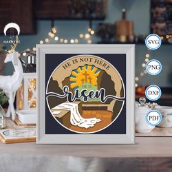 he is risen shadow box svg, religious easter paper cut light box, shadow box template for cicut diy, 3d light box svg ha