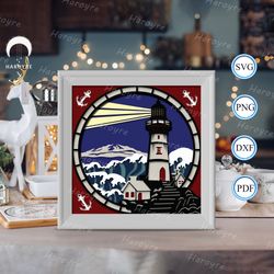 lighthouse 9 shadow box svg, lighthouse paper cut light box, shadow box template for cicut diy, 3d light box svg handmad