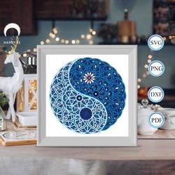 yin yang mandala shadow box svg, mandala paper cut light box, shadow box template for cicut diy, 3d light box svg handma