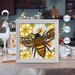 bee and flowers shadow box svg, bee paper cut light box, shadow box template for cicut diy, 3d light box svg handmade