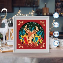 cute reindeer shadow box svg, reindeer paper cut light box, shadow box template for cicut diy, 3d light box svg handmade