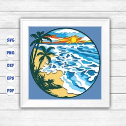 beach shadow box svg, beach paper cut light box, shadow box template for cicut diy, 3d light box svg handmade 3