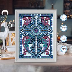 cross mandala shadow box svg, mandala paper cut light box, shadow box template for cicut diy, 3d light box svg handmade