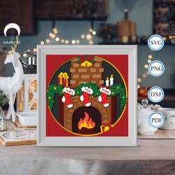 custom mantle with stockings shadow box svg, christmas paper cut light box, shadow box template for cicut diy, 3d light