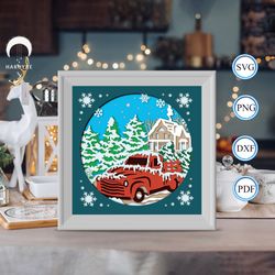 christmas truck 3 shadow box svg, truck paper cut light box, shadow box template for cicut diy, 3d light box svg