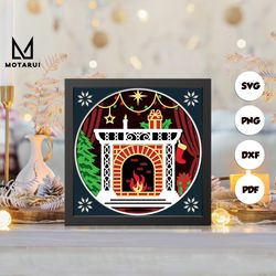 christmas fireplace shadow box svg, christmas paper cut light box, cricut files, 3d nativity scene shadow box, layered c