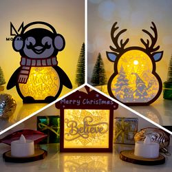 pack 3 christmas box lamp for christmas decor, christmas box svg for cricut project diy, christmas shadow box 34