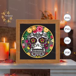 sugar skull shadow box files, paper cut light box template files, shadow box paper cut, 3d papercut light box svg file d