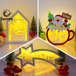 pack 3 christmas box files, paper cut light box template files, 3d papercut christmas box svg file diy, christmas box pa